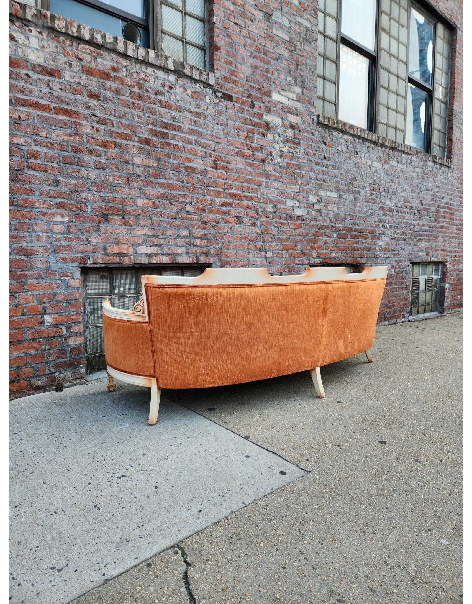 Handcarved and Painted Louis the XVI Orange Velvet Tufted Semi-Circular Sofa