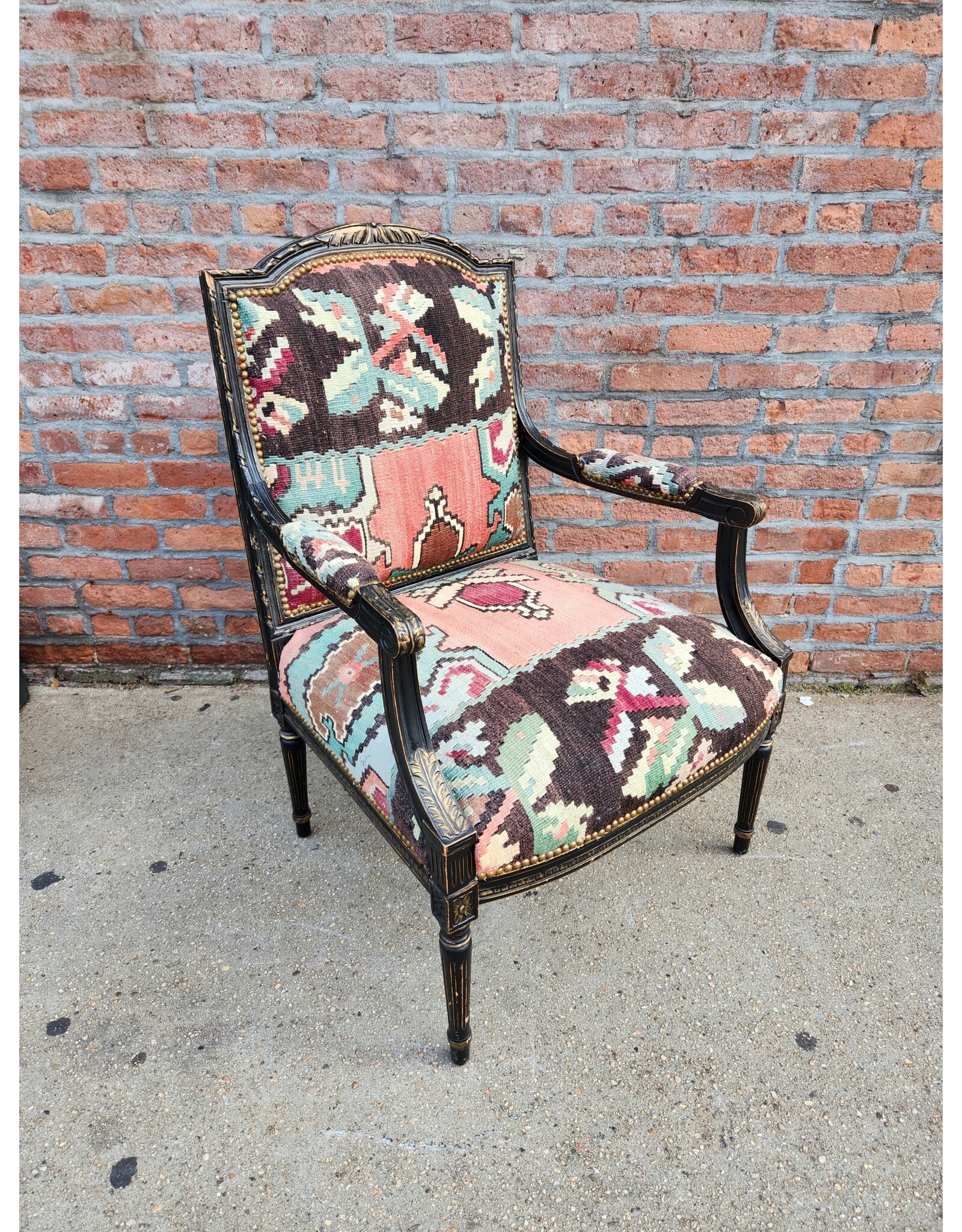 Vintage Louis XVI Handcarved Kilim Upholstered Armchair