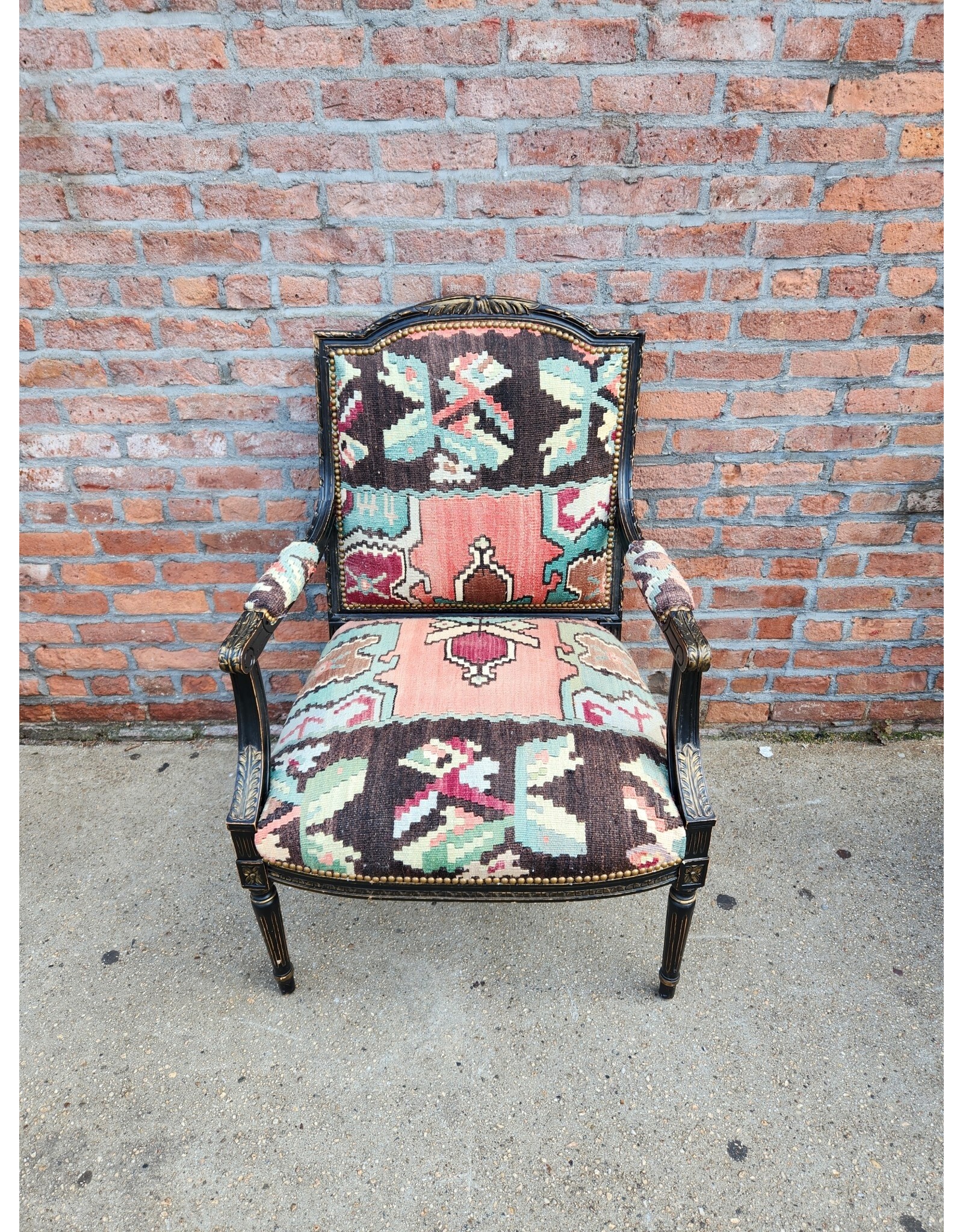 Vintage Louis XVI Handcarved Kilim Upholstered Armchair