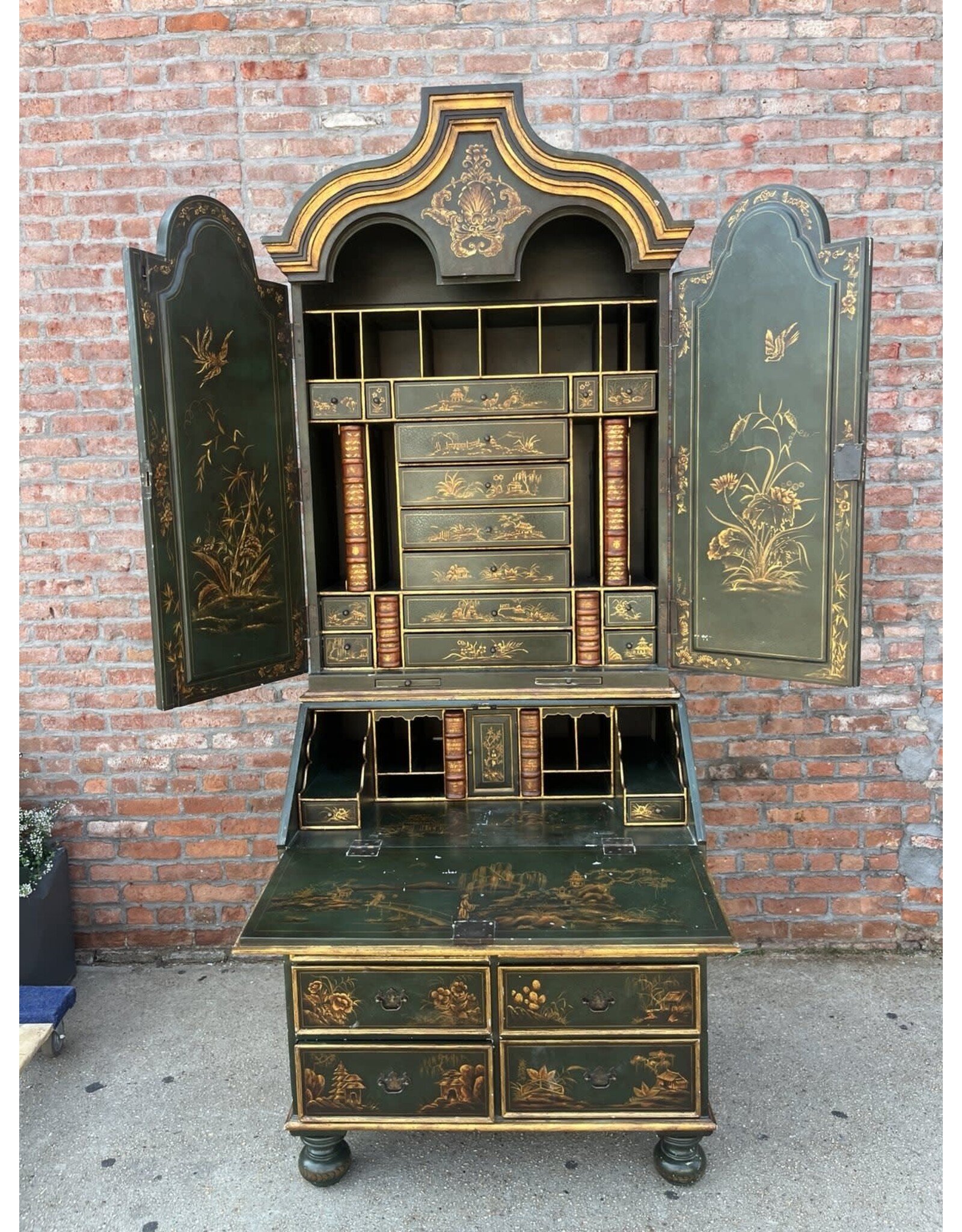 Queen Anne Style Green Ground Chinoiserie Bookcase