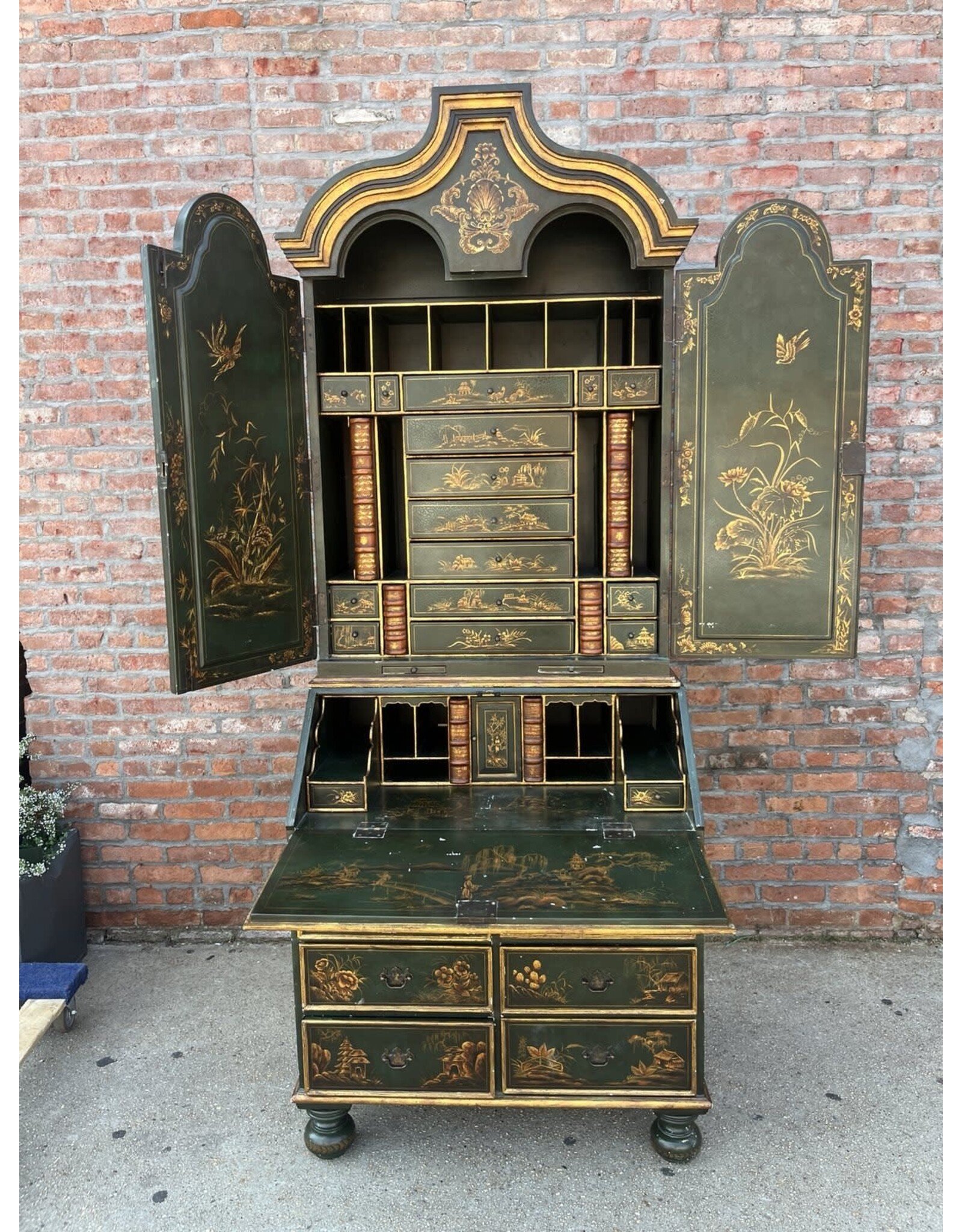 Queen Anne Style Green Ground Chinoiserie Bookcase