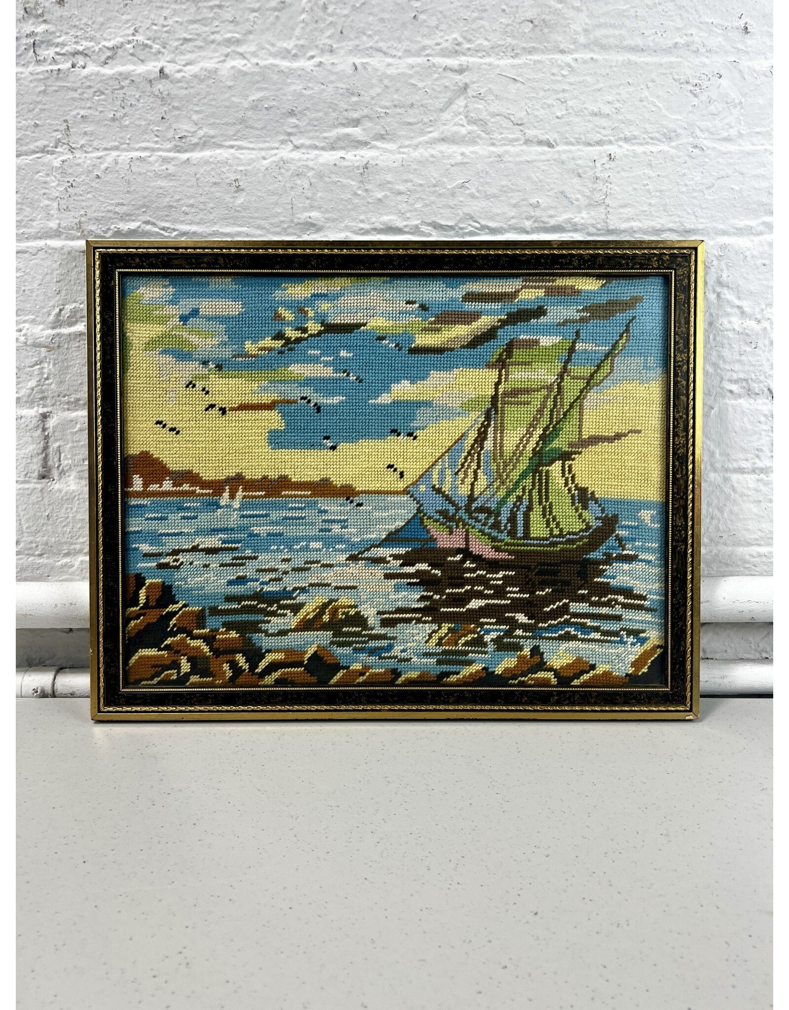 Sail Day, framed needlepoint