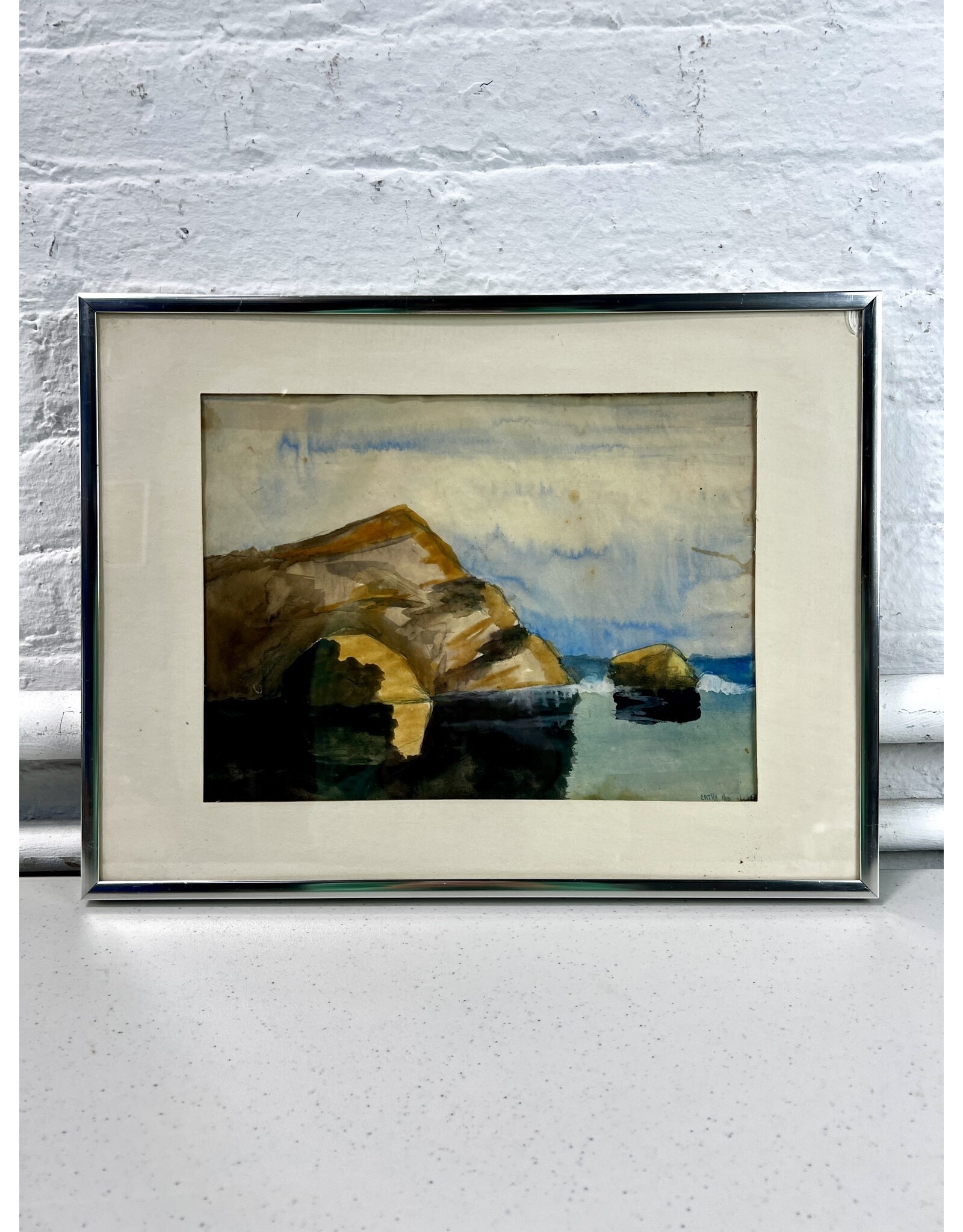 Seascape Cliff, framed watercolor on ppaer, sgnd Kathy