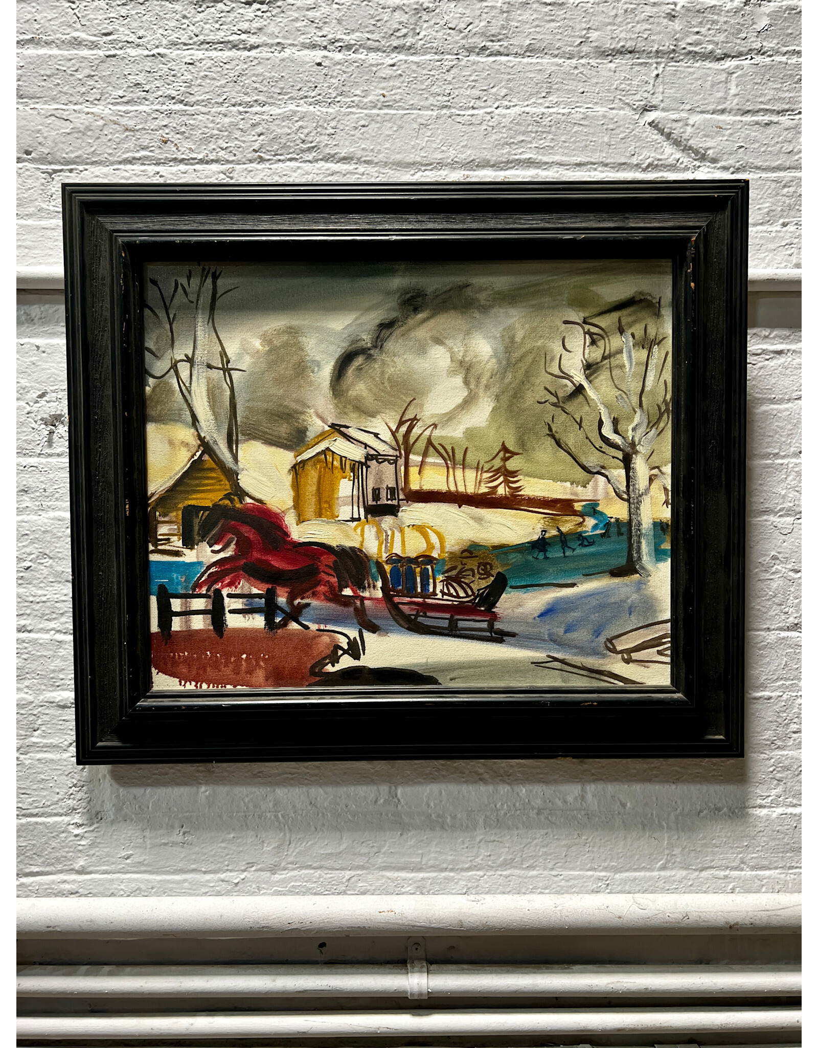 Red Horse Blue Lake, framed oil on canvas