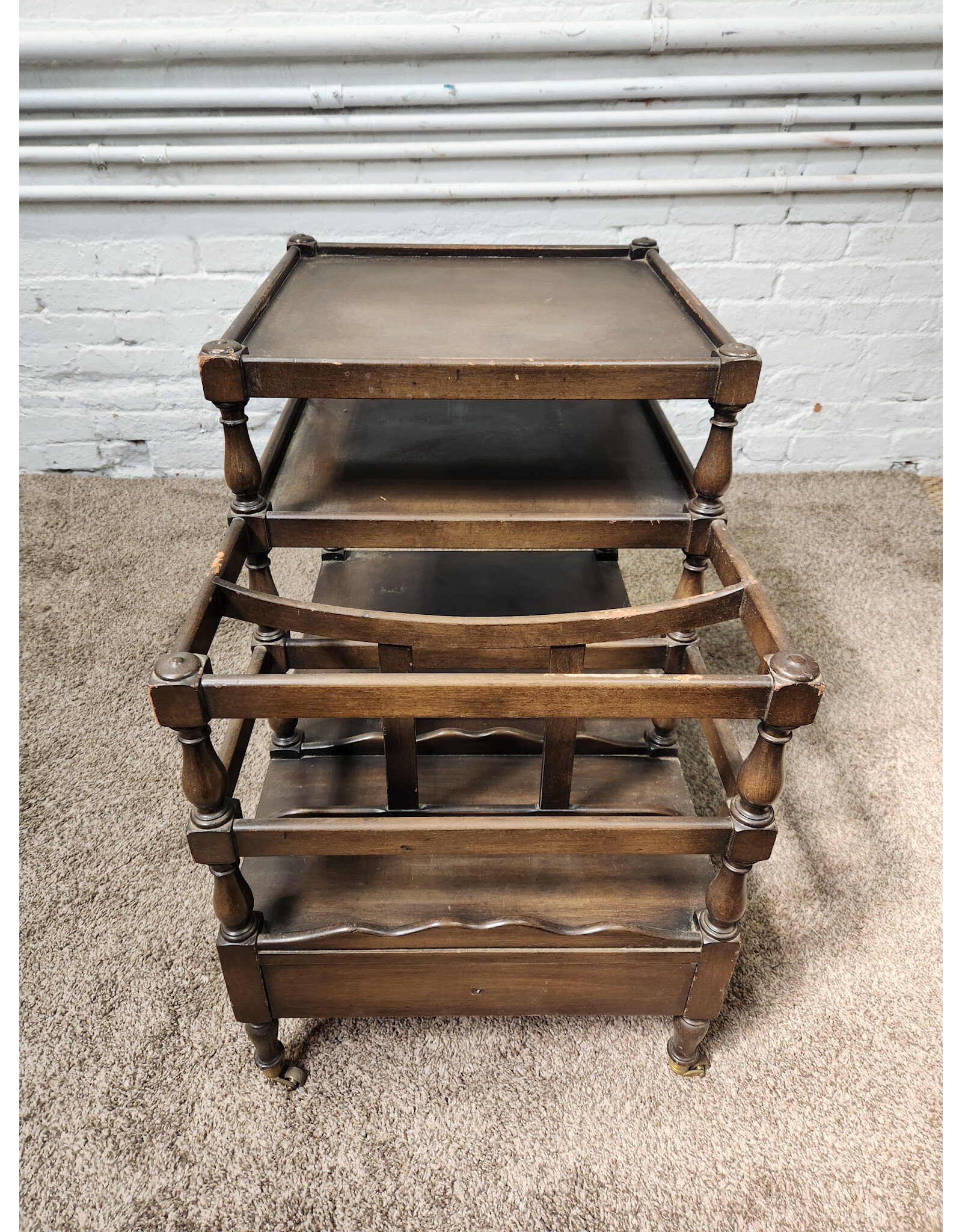 Antique Wooden Canterbury Rolling Side Table Magazine Rack