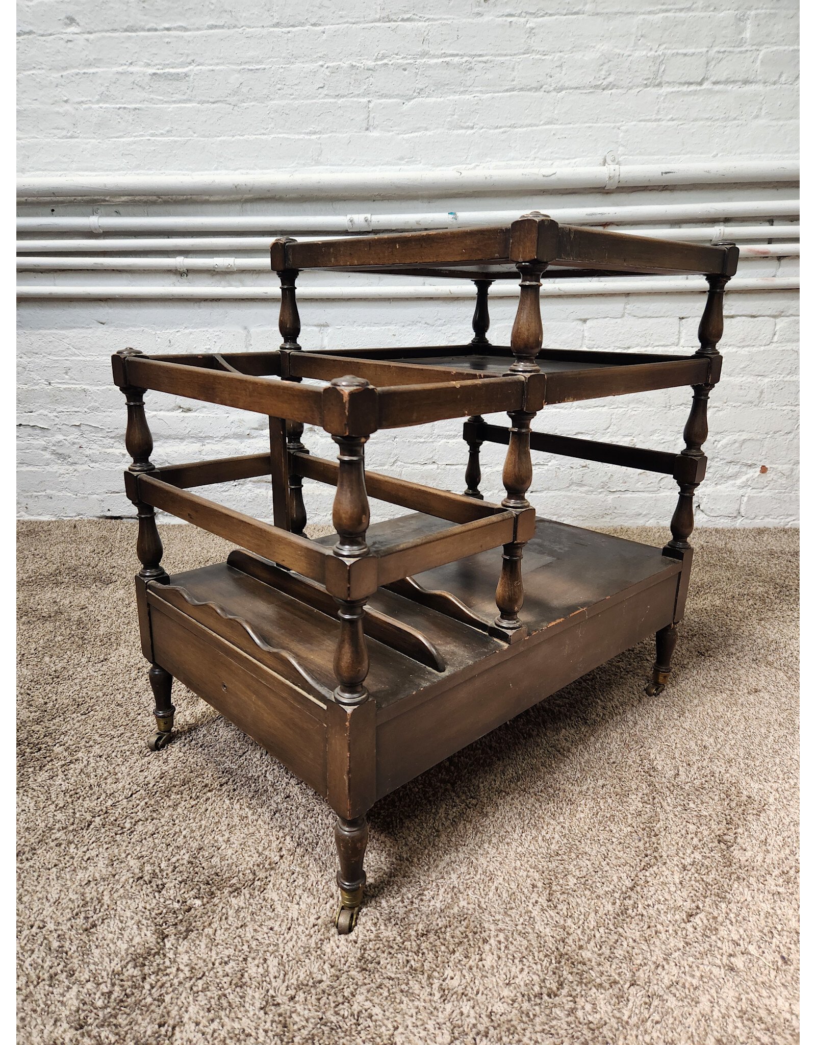 Antique Wooden Canterbury Rolling Side Table Magazine Rack