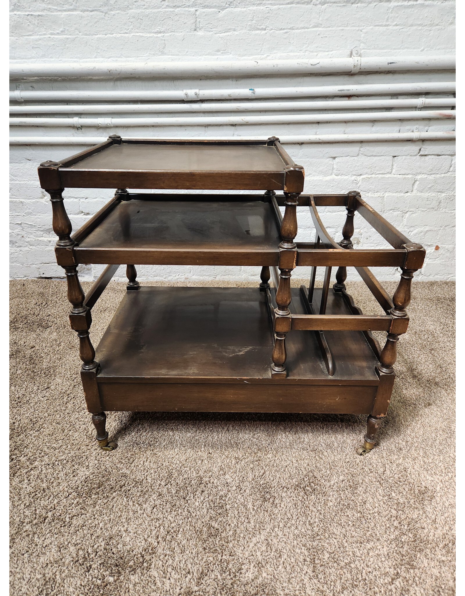 Antique Wooden Canterbury Rolling Side Table Magazine Rack