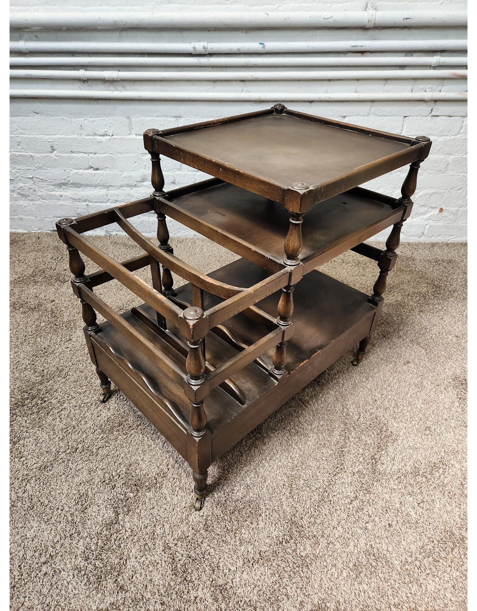 Antique Wooden Canterbury Rolling Side Table Magazine Rack