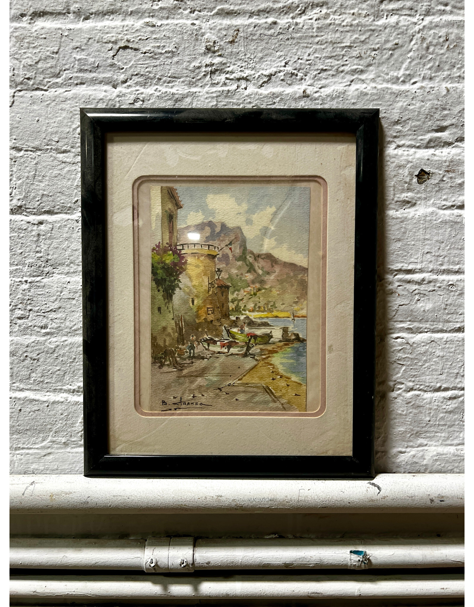 Italian Coast, framed watercolor on paper, sgnd B. Franco