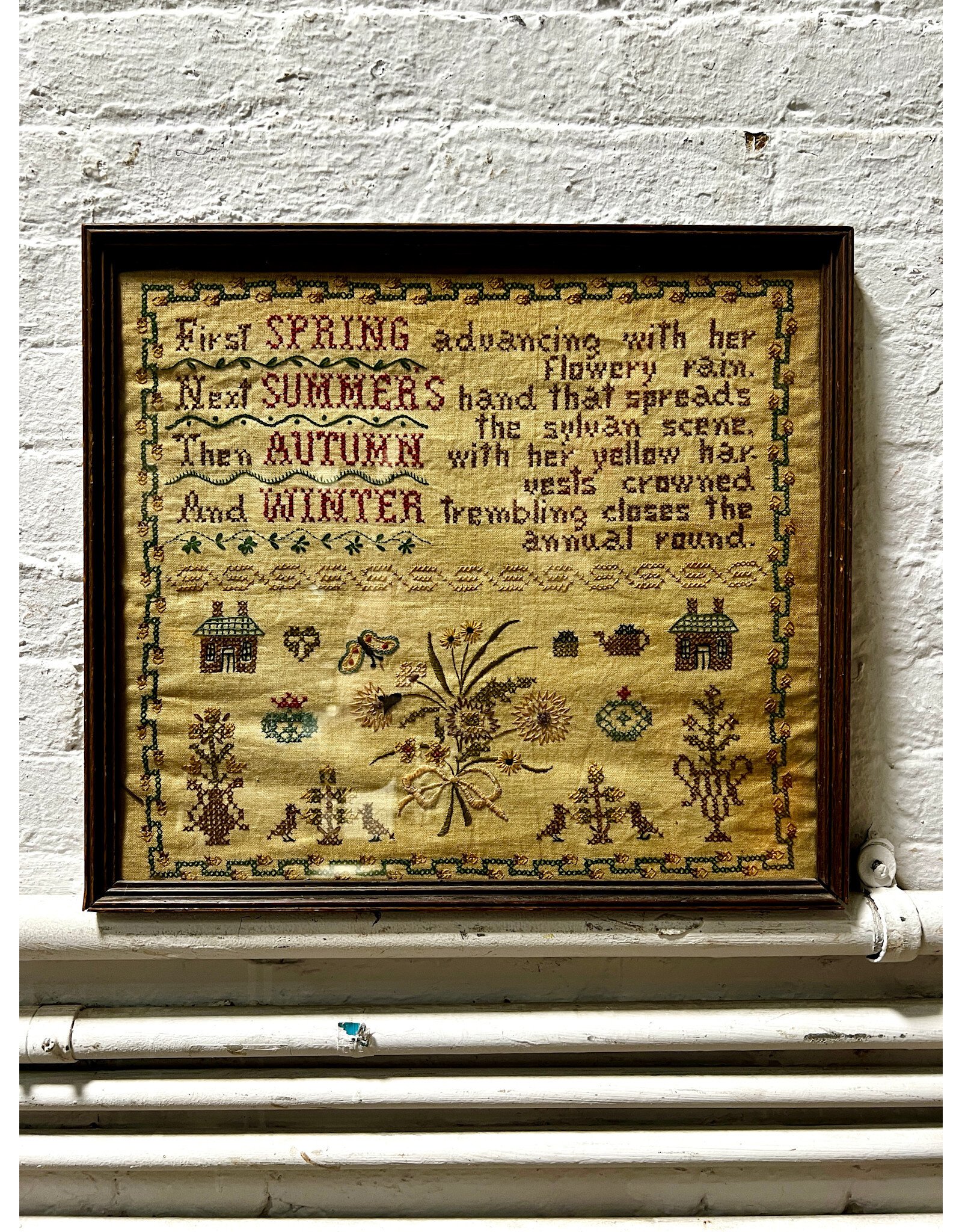 Four Seasons, framed antique cross stitch