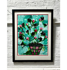 Checkerboard Vase with Matching Flowers, framed painting on paper, sgnd l.r.
