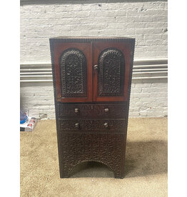 19th Century Anglo-Indian Bas Relief Hand Carved Teak Artifact Cabinet - As is