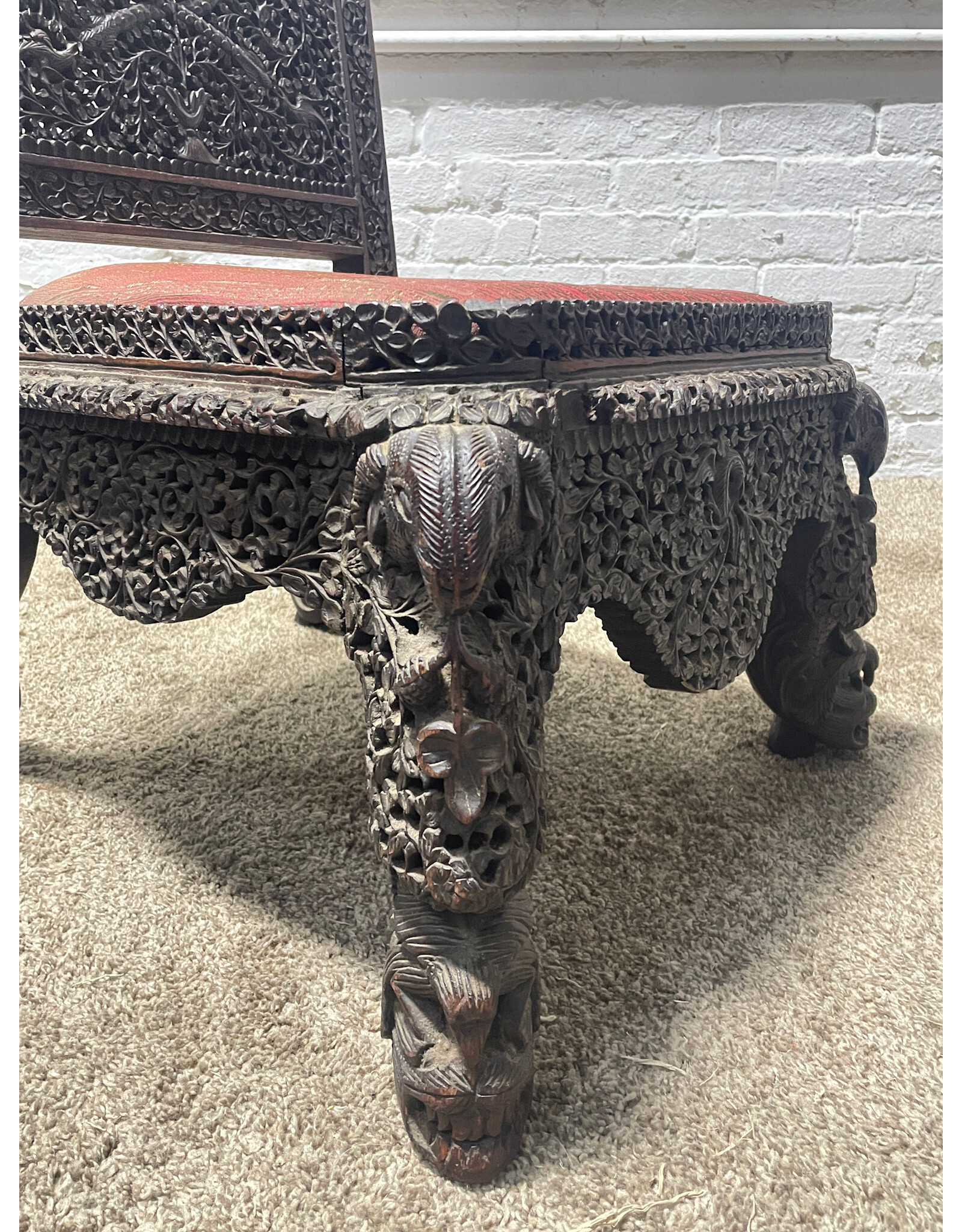 19th Century Handcarved Fret Work Teak Anglo- Indian Slipper Chair -- as is