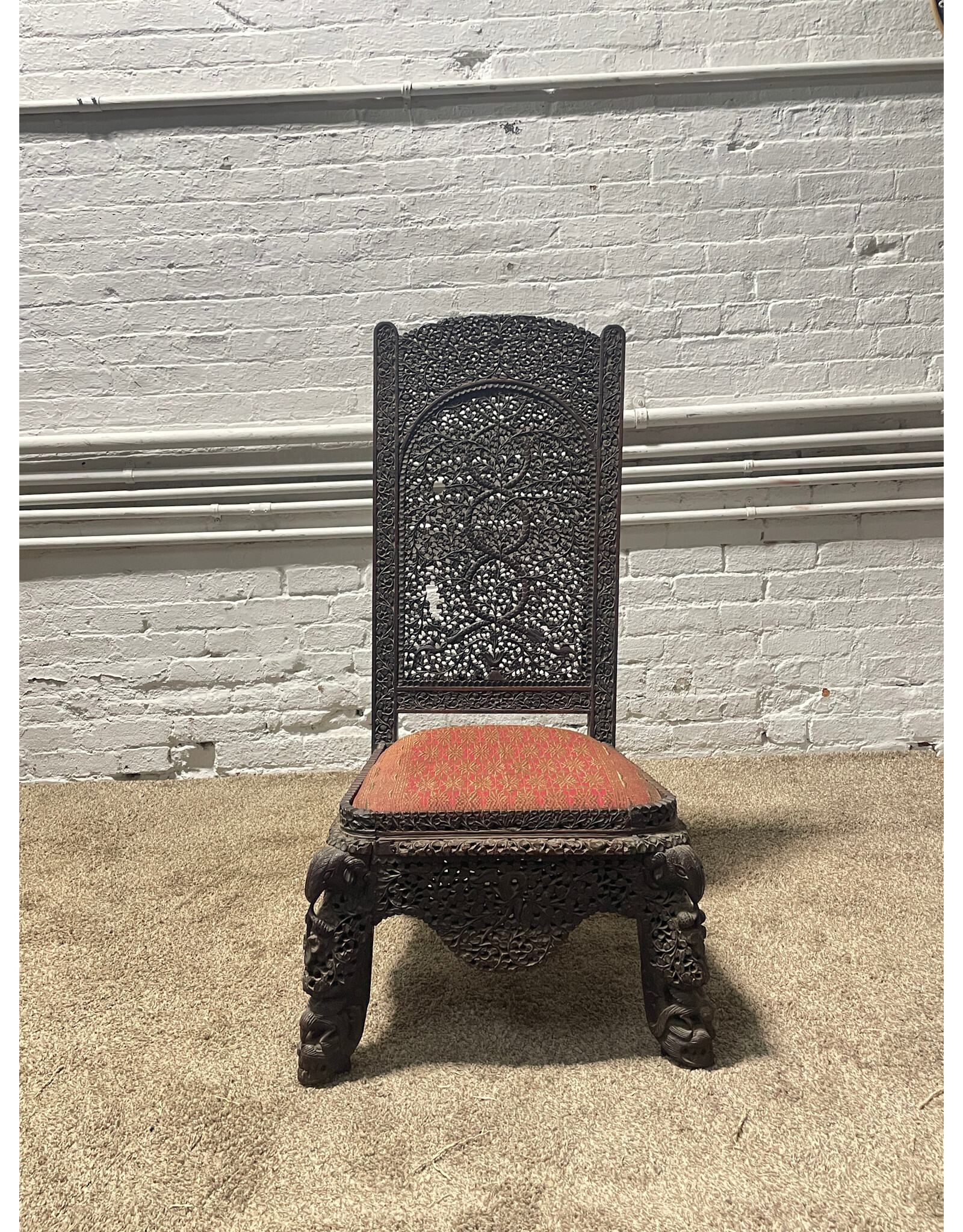 19th Century Handcarved Fret Work Teak Anglo- Indian Slipper Chair -- as is