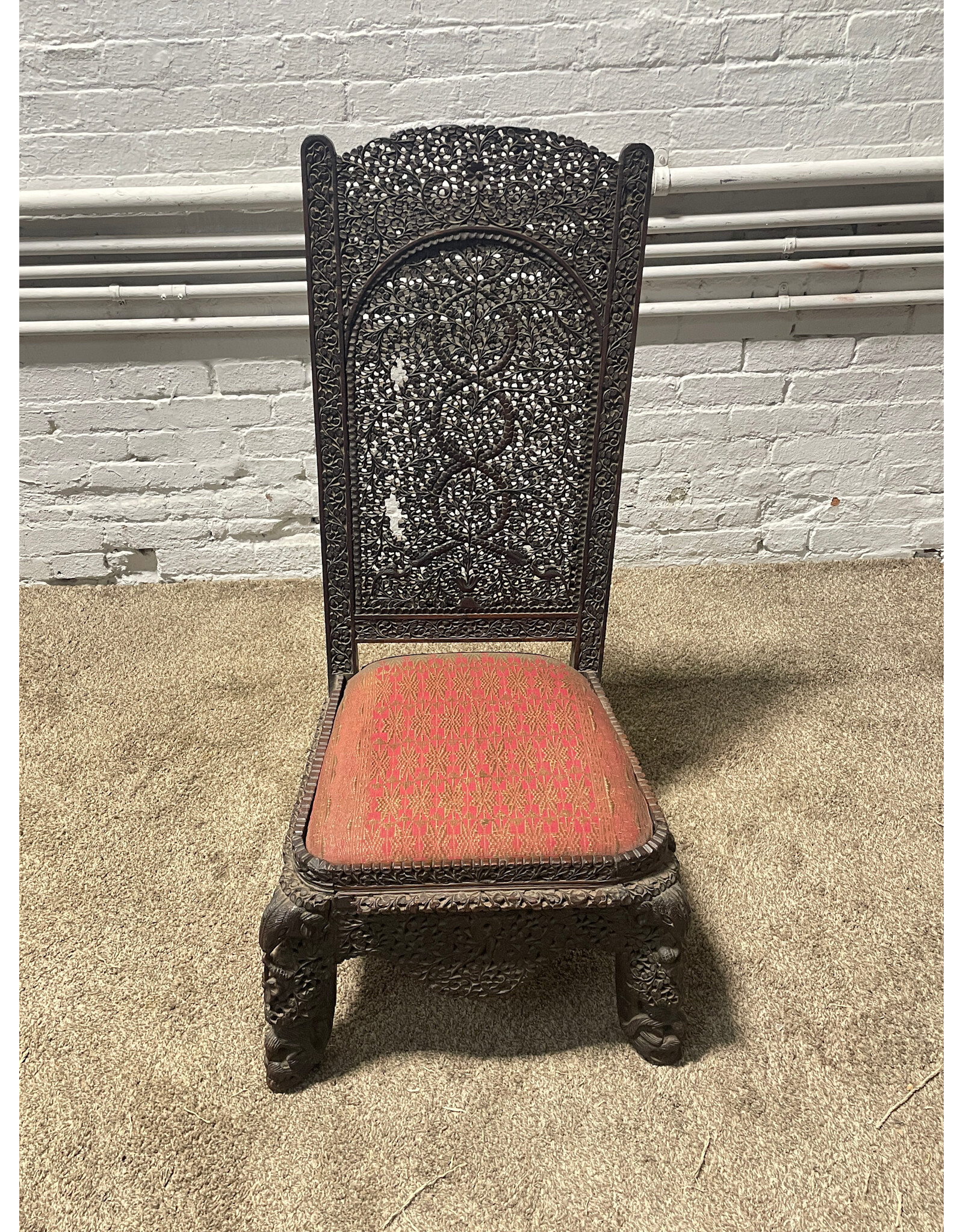 19th Century Handcarved Fret Work Teak Anglo- Indian Slipper Chair -- as is