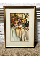 Silver Pot Bouquet, framed watercolor, sgnd E. Pierce