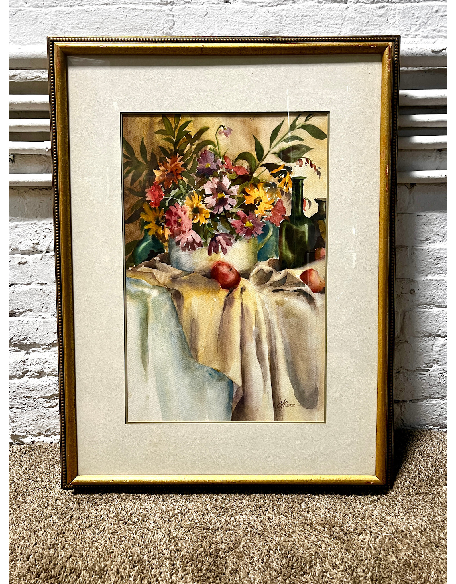 Silver Pot Bouquet, framed watercolor, sgnd E. Pierce