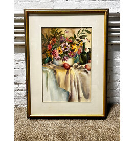 Silver Pot Bouquet, framed watercolor, sgnd E. Pierce