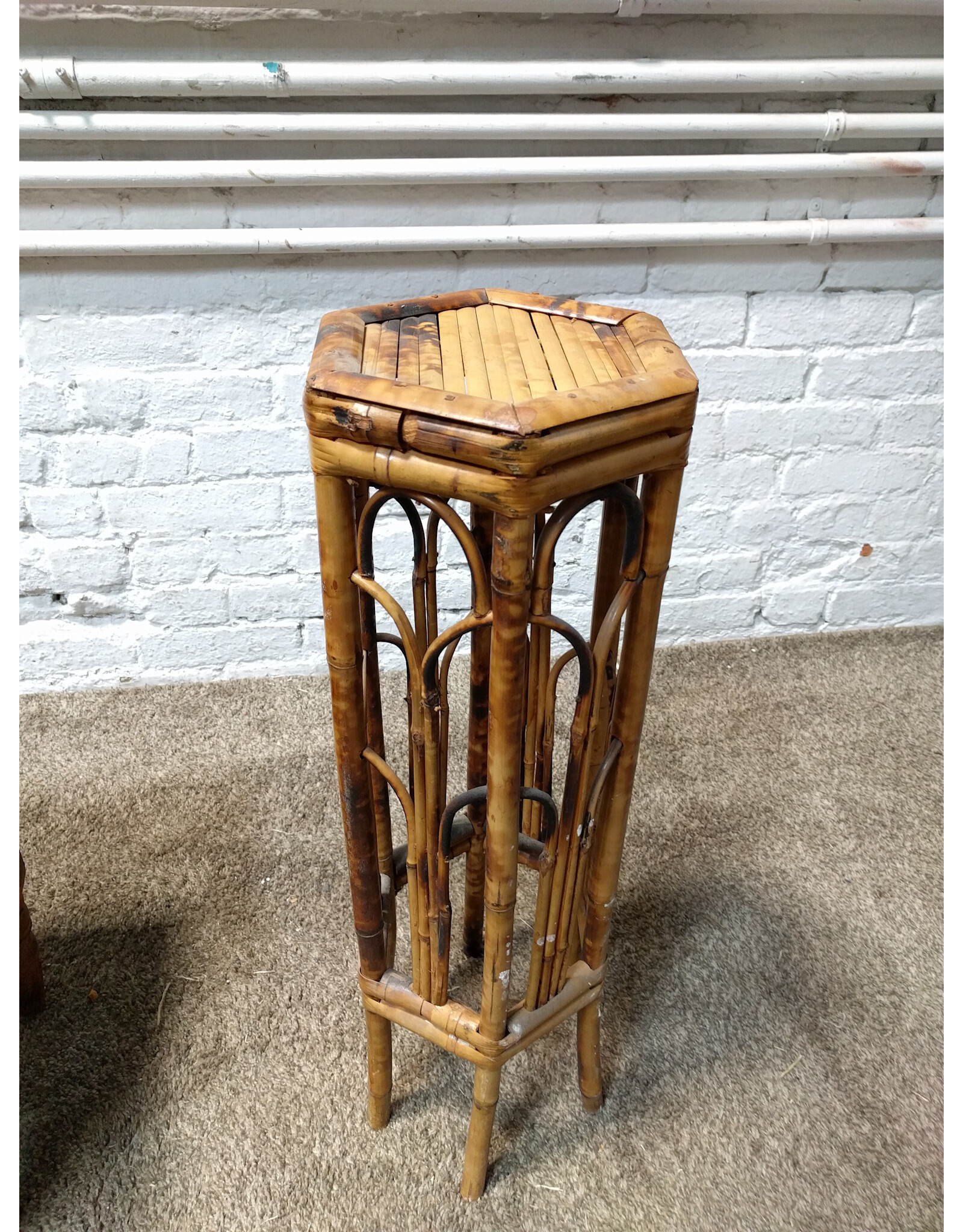Vintage Handmade Bamboo Cane Hexagon Plant Stand