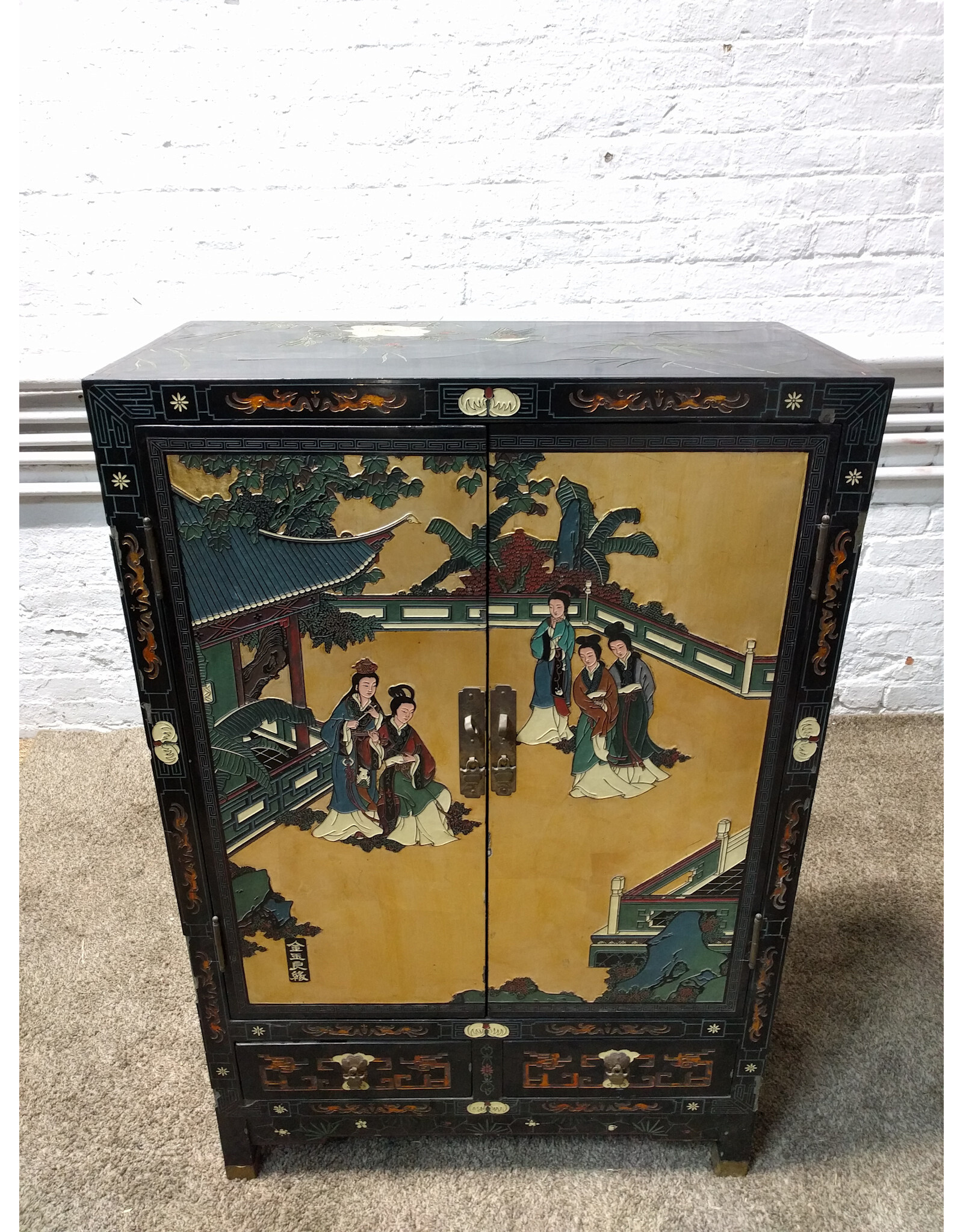 Mid-Century Chinese Cabinet Console, Double Doors/Double Drawers