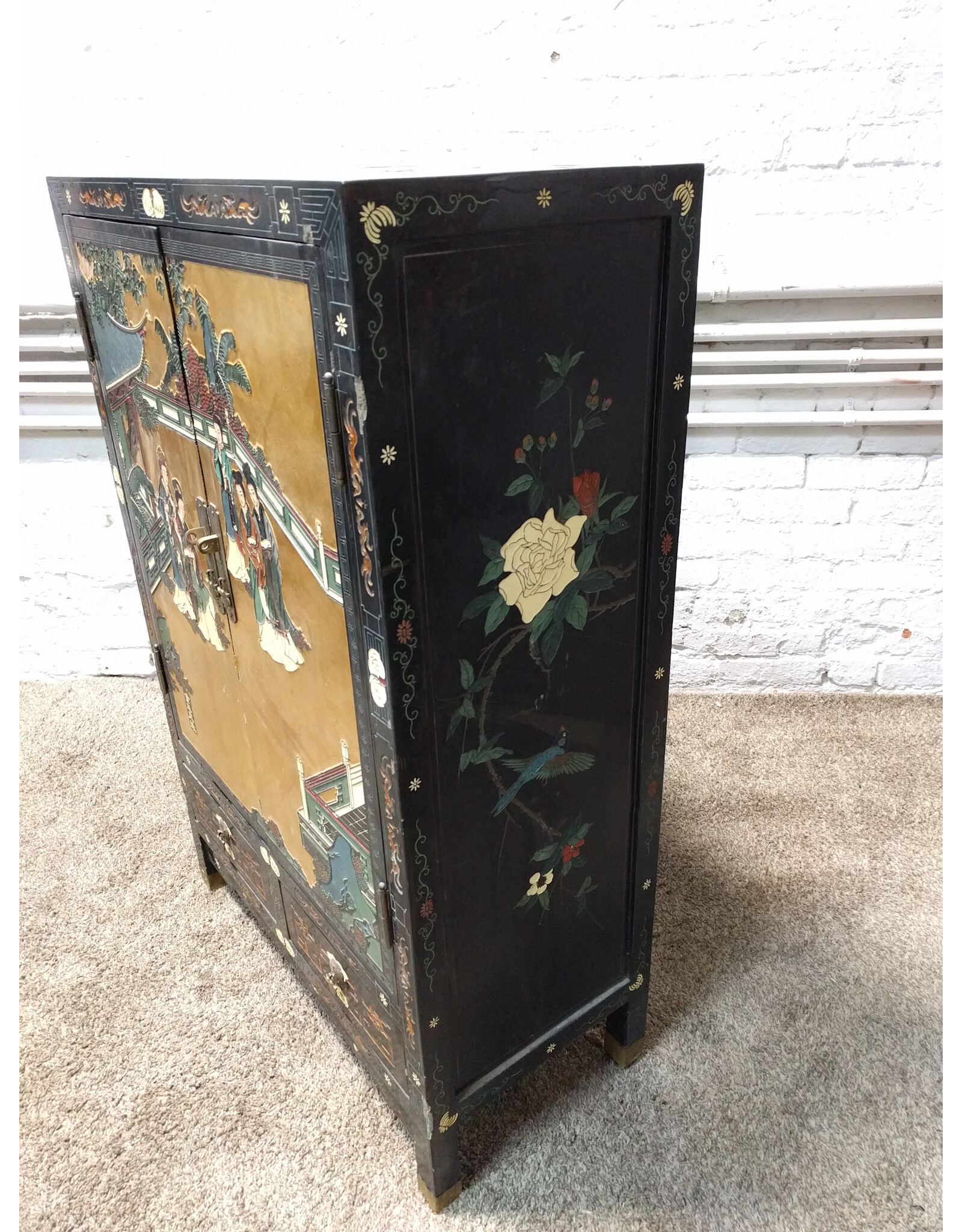 Mid-Century Chinese Cabinet Console, Double Doors/Double Drawers