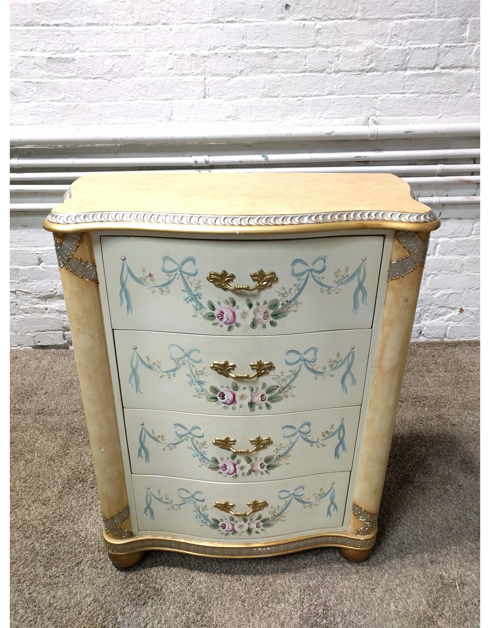 French Country Hand Painted Ribbons & Roses 4-Drawer Dresser Chest
