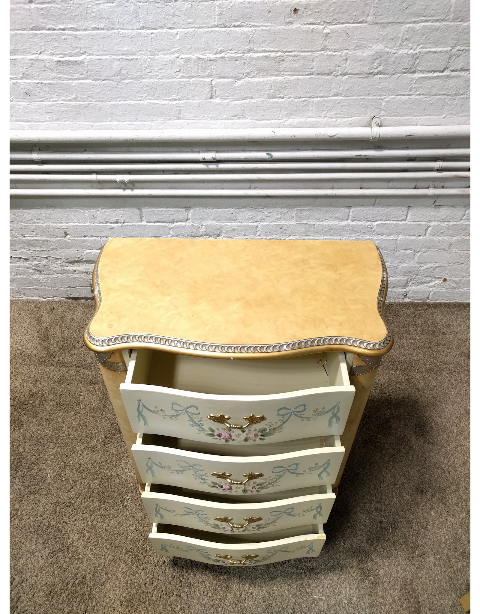 French Country Hand Painted Ribbons & Roses 4-Drawer Dresser Chest