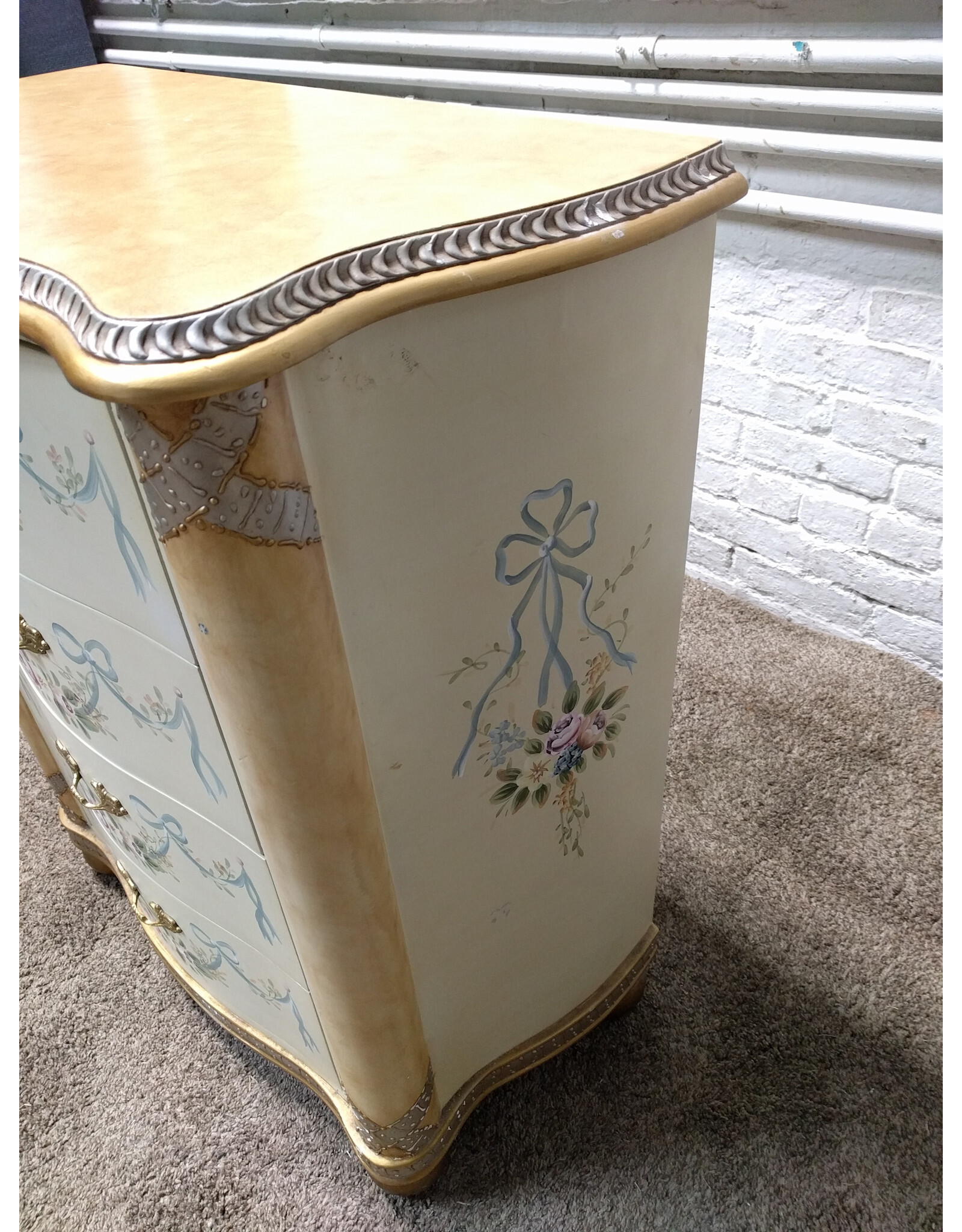 French Country Hand Painted Ribbons & Roses 4-Drawer Dresser Chest