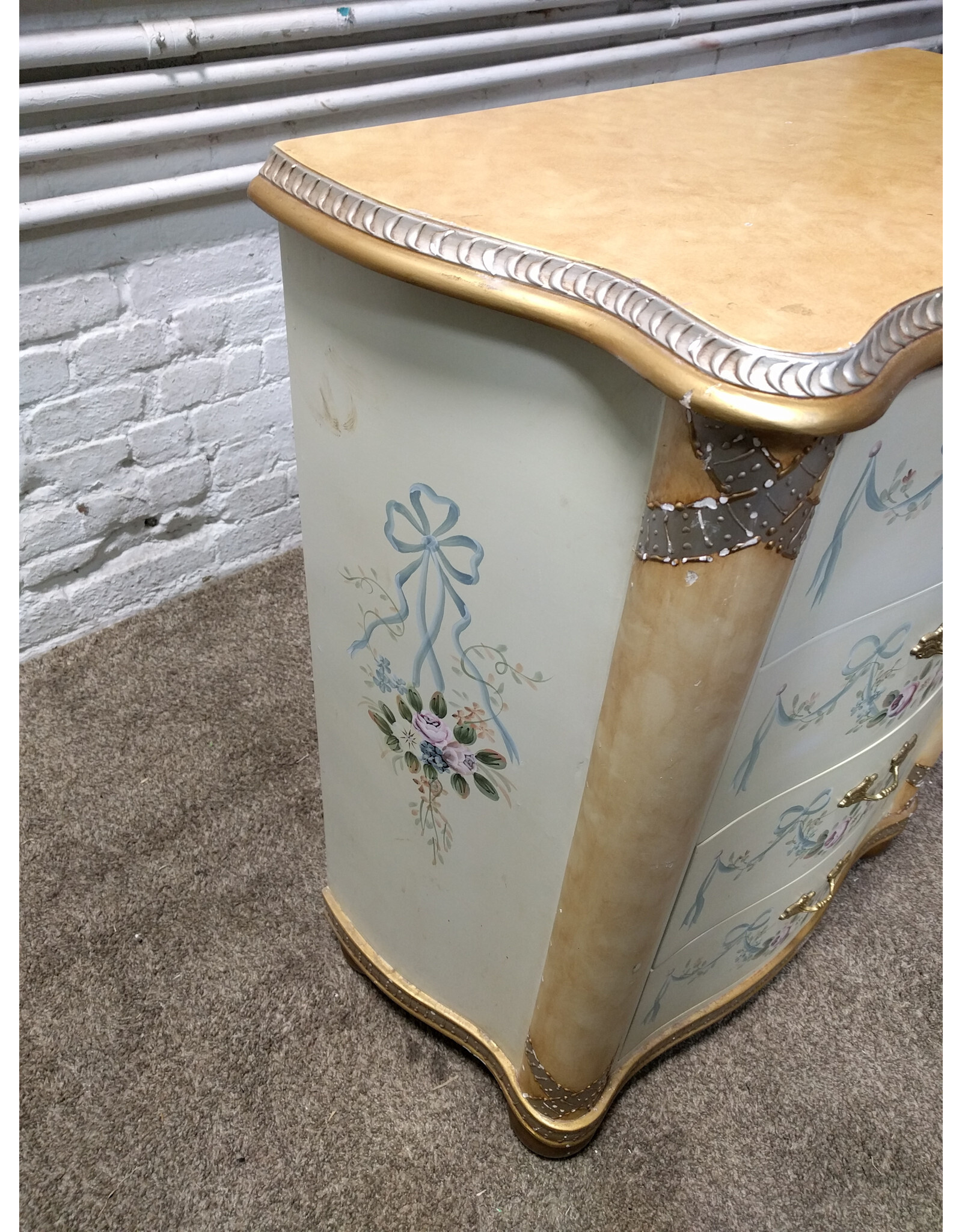 French Country Hand Painted Ribbons & Roses 4-Drawer Dresser Chest