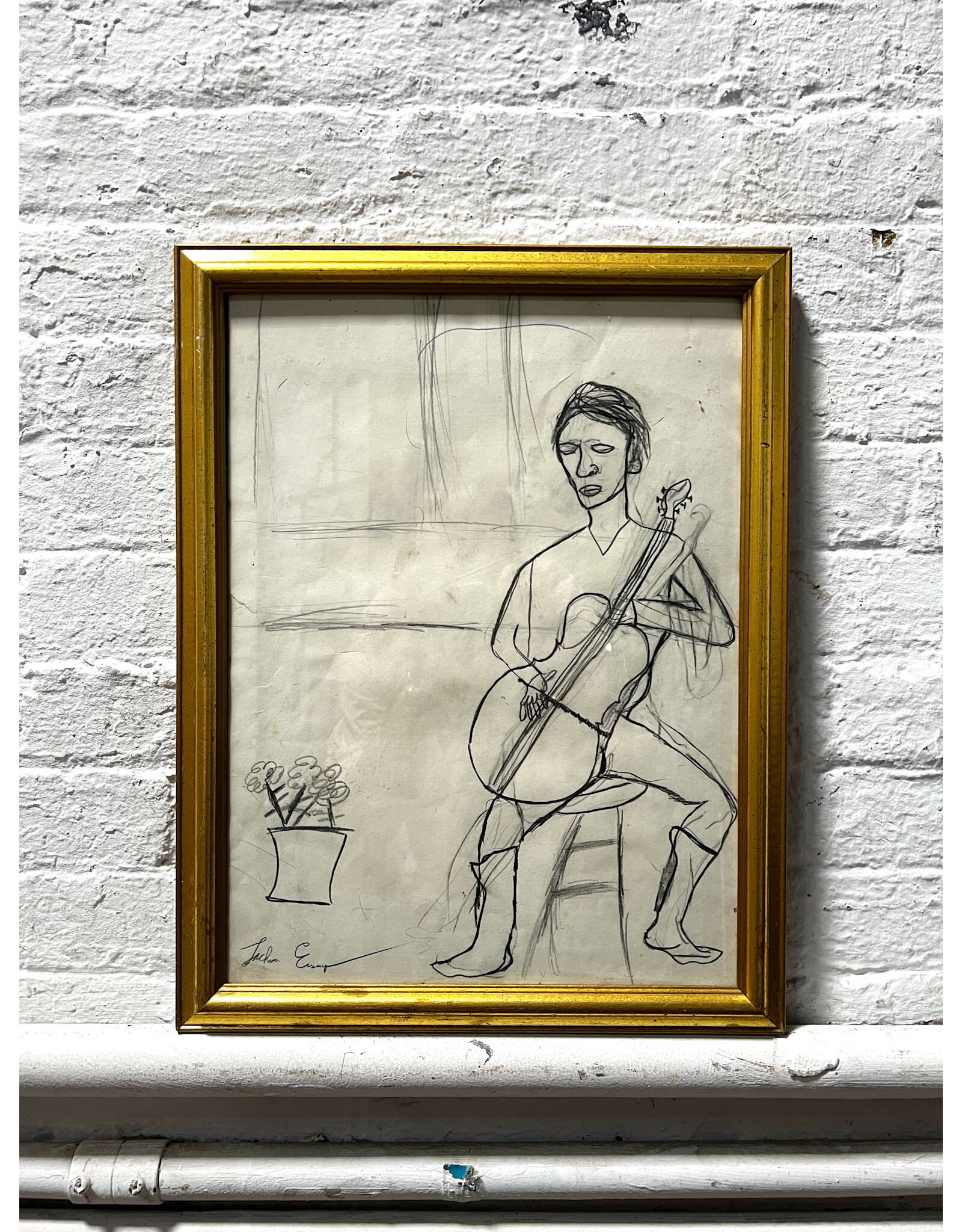 lonesome tune, framed drawing, sgnd l.l.