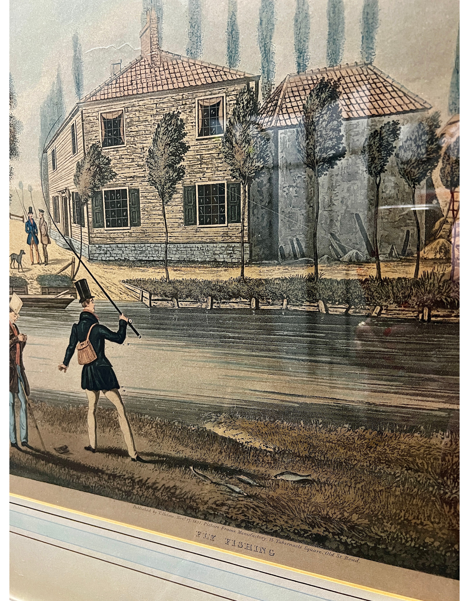 Fly Fishing by James Pollard, framed colorized etching