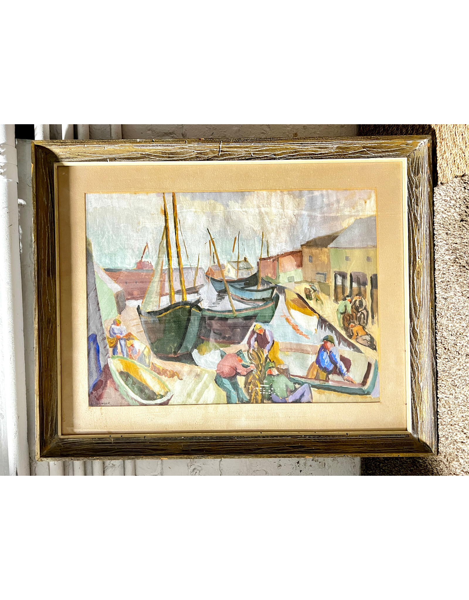 View from the Docks, framed watercolor painting, sgnd A. F. Levinson