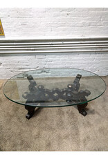 Carved Base Heavy Oval Glass Top Coffee Table