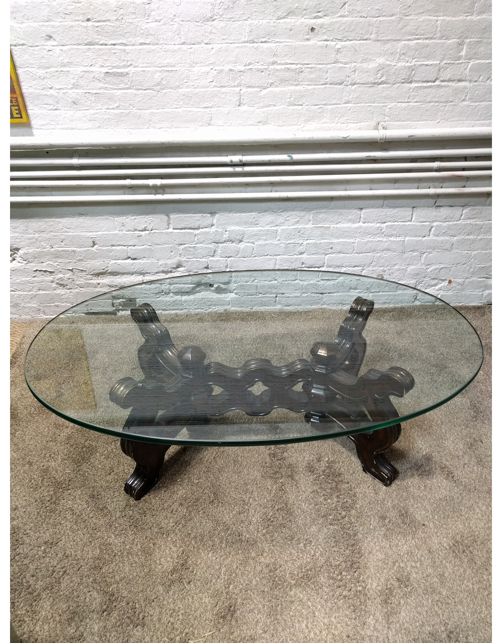 Carved Base Heavy Oval Glass Top Coffee Table
