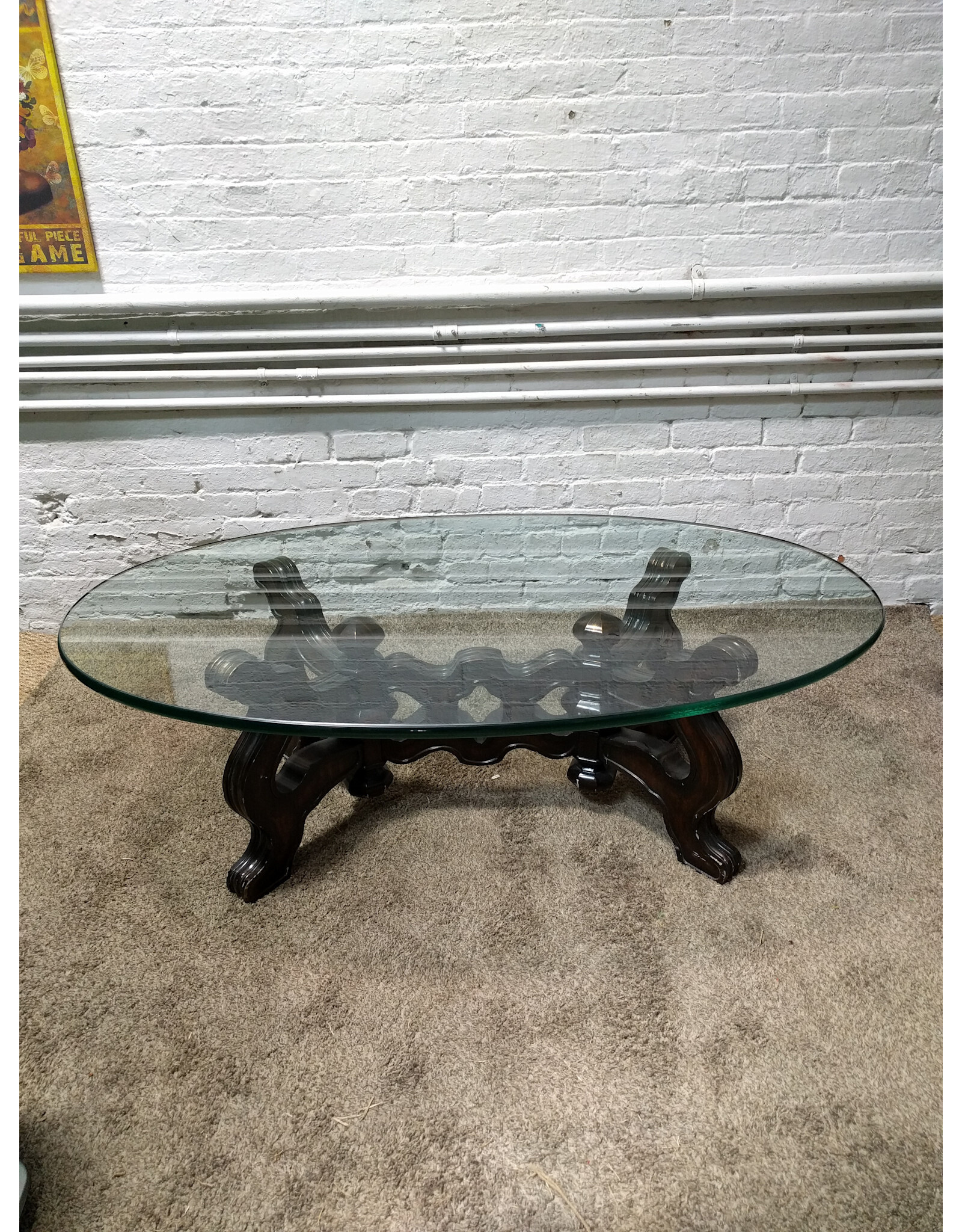 Carved Base Heavy Oval Glass Top Coffee Table