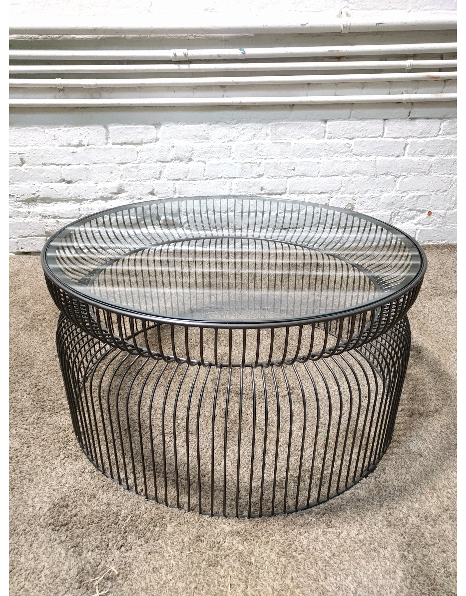 Crate & Barrel Spoke Glass Graphite Top Metal Base Round Coffee Table