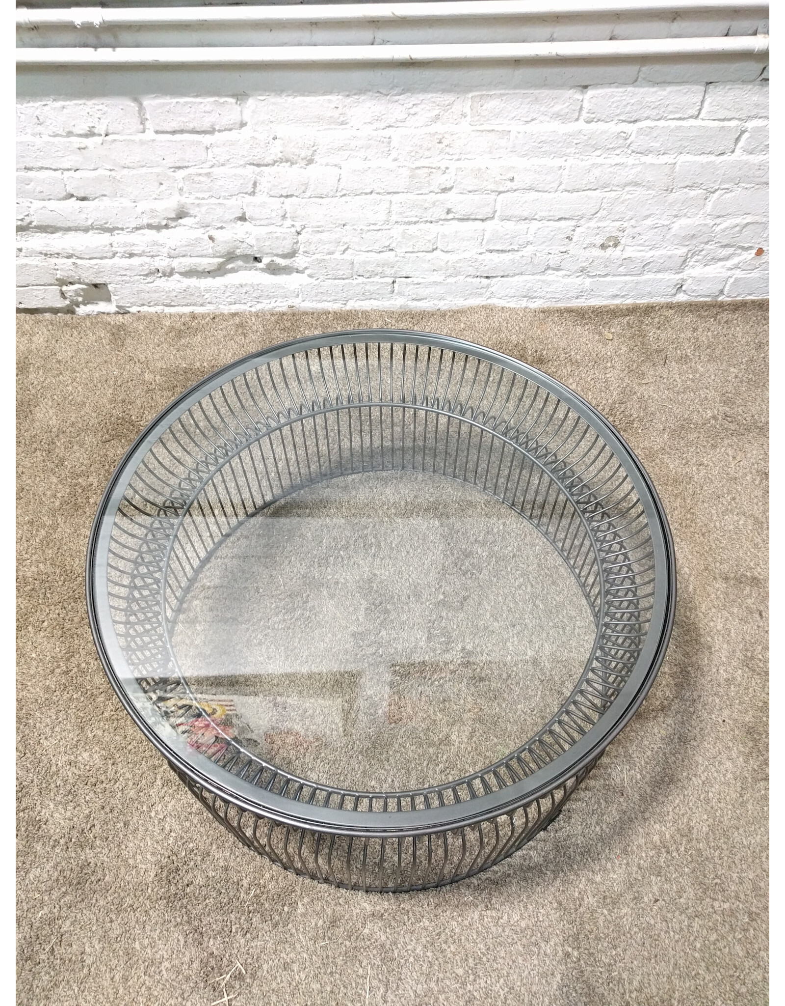 Crate & Barrel Spoke Glass Graphite Top Metal Base Round Coffee Table