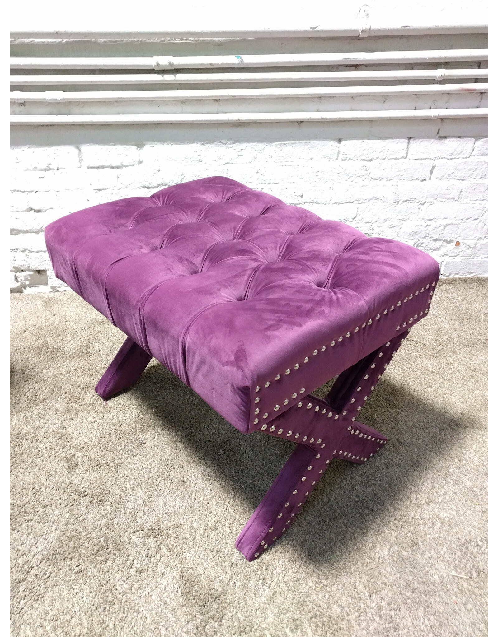 Mia Purple Velvet Tufted Silver Nailhead Ottoman