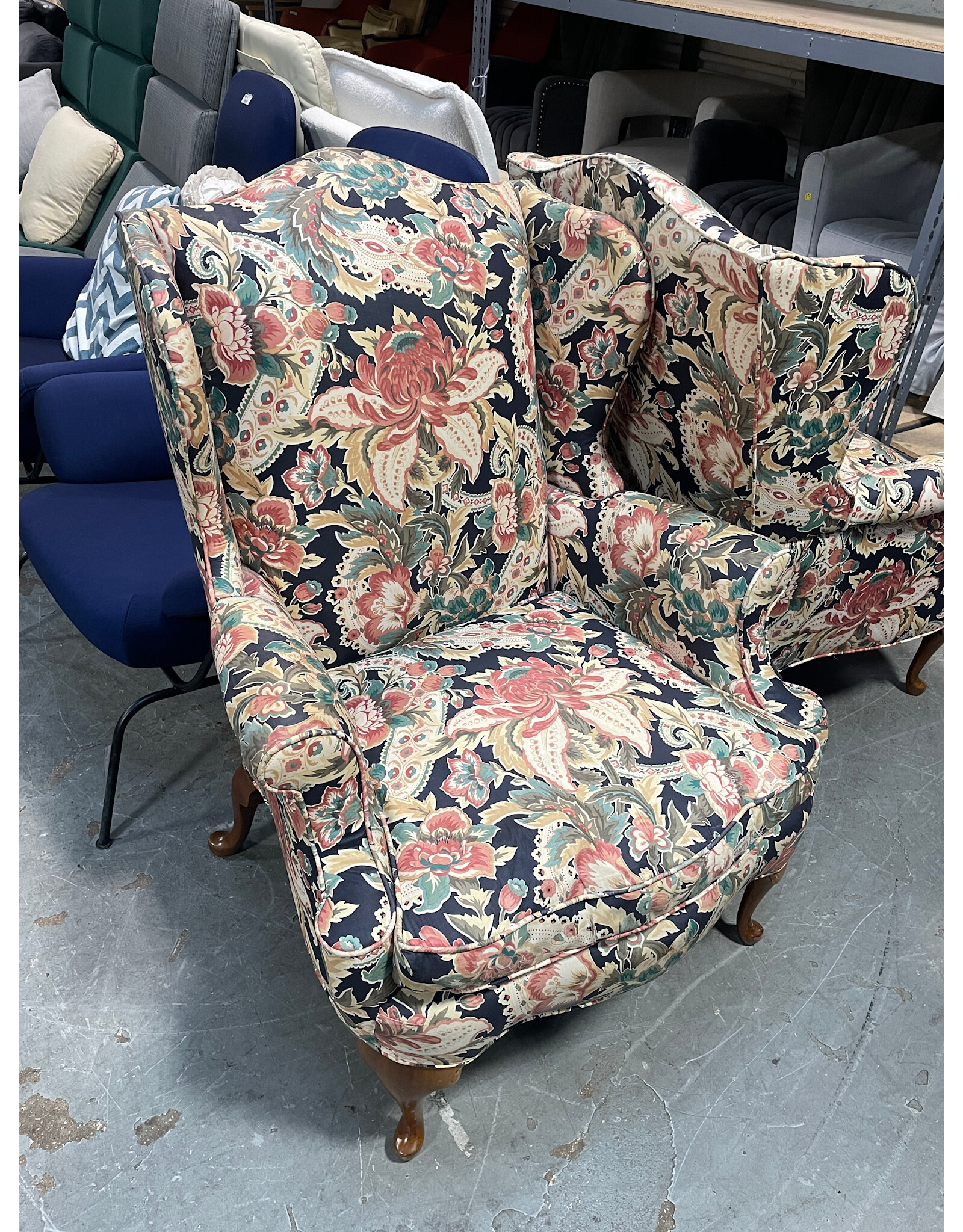 Taylor King Chippendale Style Mahogany Frame Floral Print Upholstered Wingback Chair