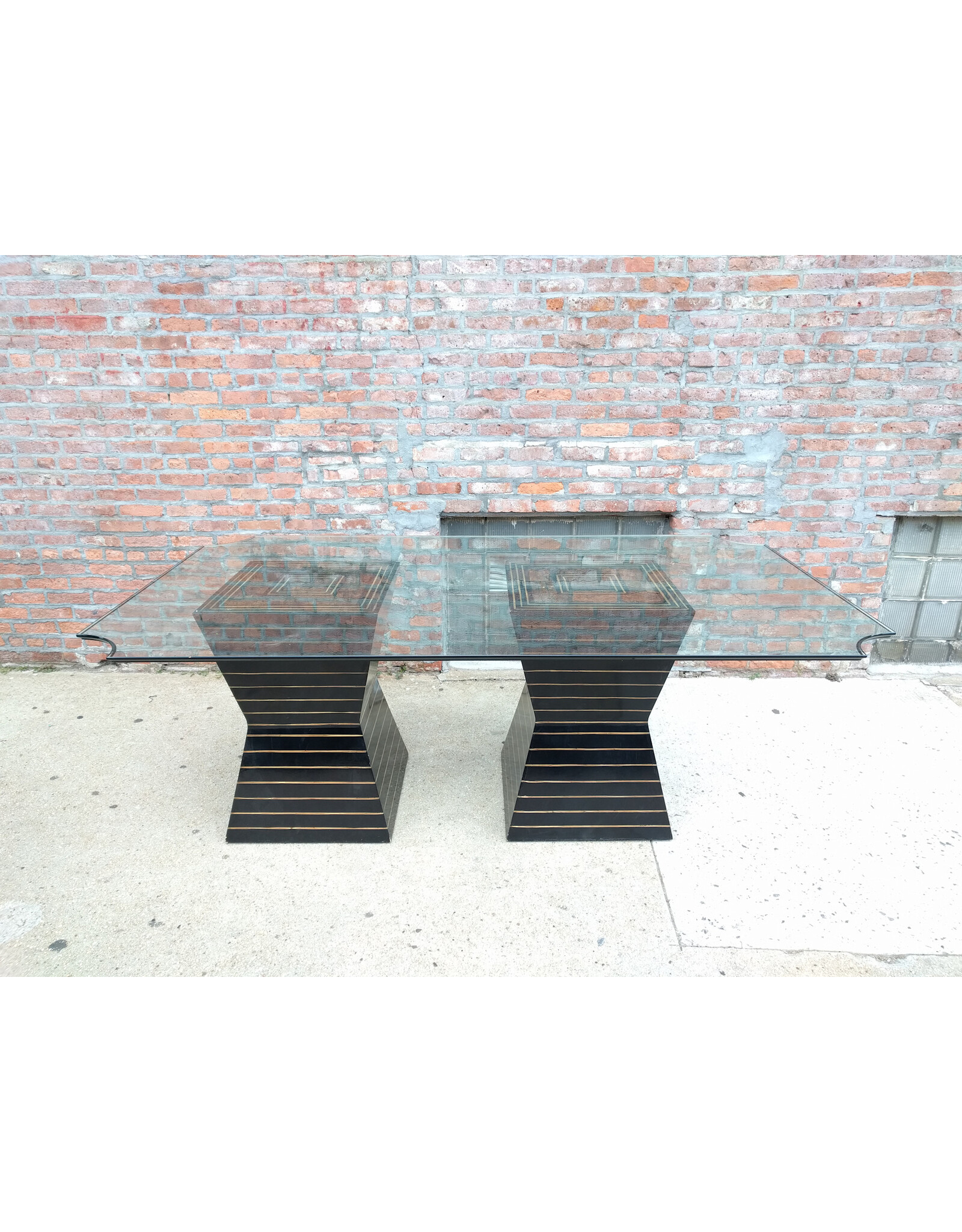Post Modern Black Lacquer Plinth Coconut Inlaid Custom Glass Top Dining Table