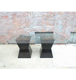 Post Modern Black Lacquer Plinth Coconut Inlaid Custom Glass Top Dining Table