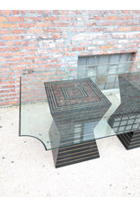 Post Modern Black Lacquer Plinth Coconut Inlaid Custom Glass Top Dining Table