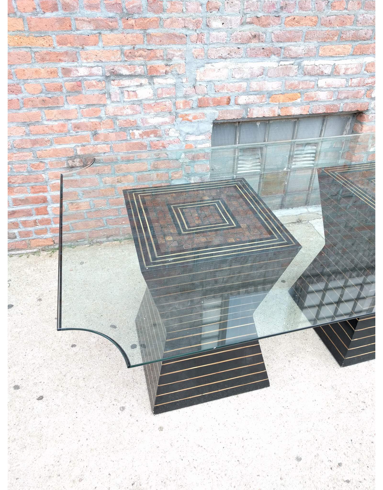 Post Modern Black Lacquer Plinth Coconut Inlaid Custom Glass Top Dining Table