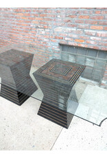 Post Modern Black Lacquer Plinth Coconut Inlaid Custom Glass Top Dining Table