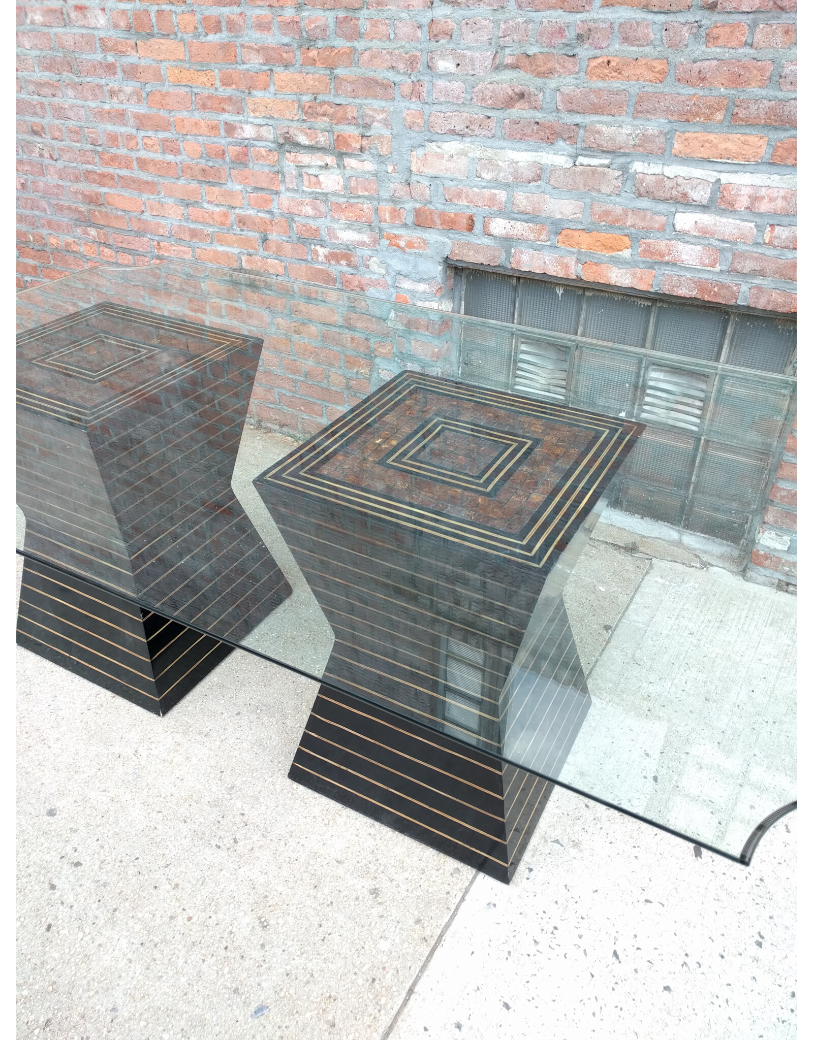 Post Modern Black Lacquer Plinth Coconut Inlaid Custom Glass Top Dining Table