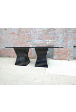 Post Modern Black Lacquer Plinth Coconut Inlaid Custom Glass Top Dining Table