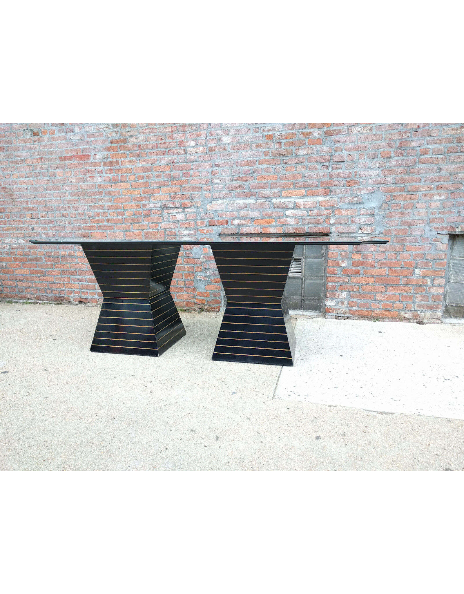 Post Modern Black Lacquer Plinth Coconut Inlaid Custom Glass Top Dining Table