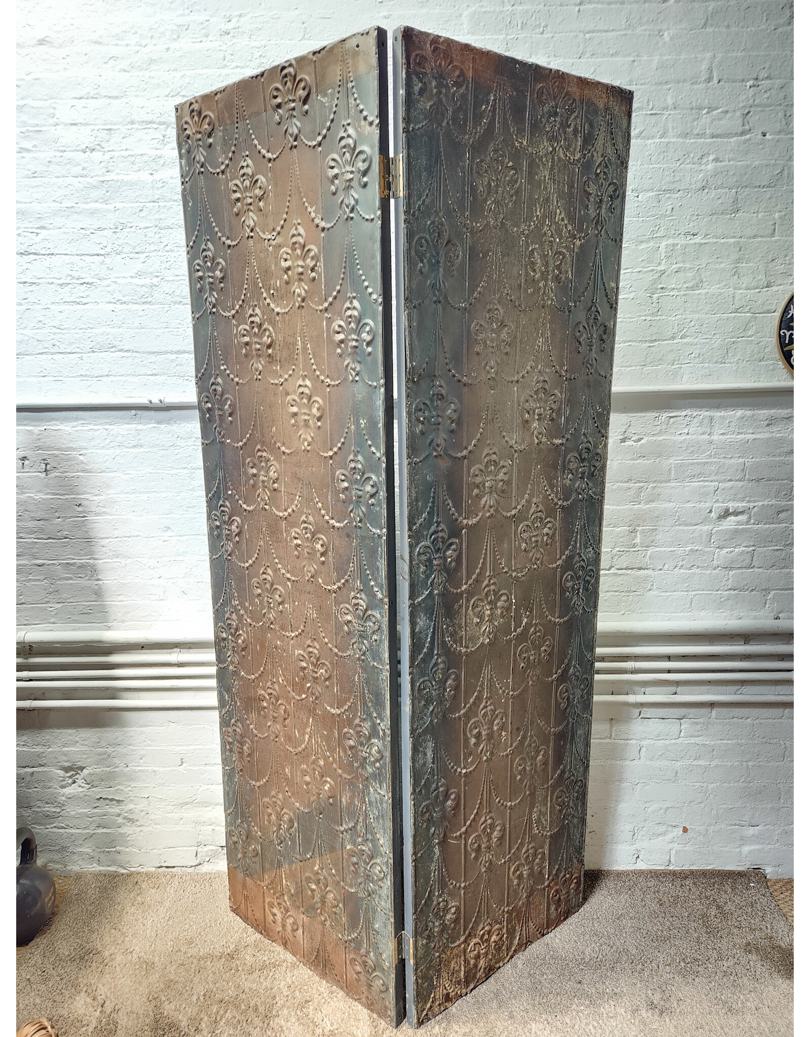 Antique Tin Fleur De Lis Stamped Folding Room Divider