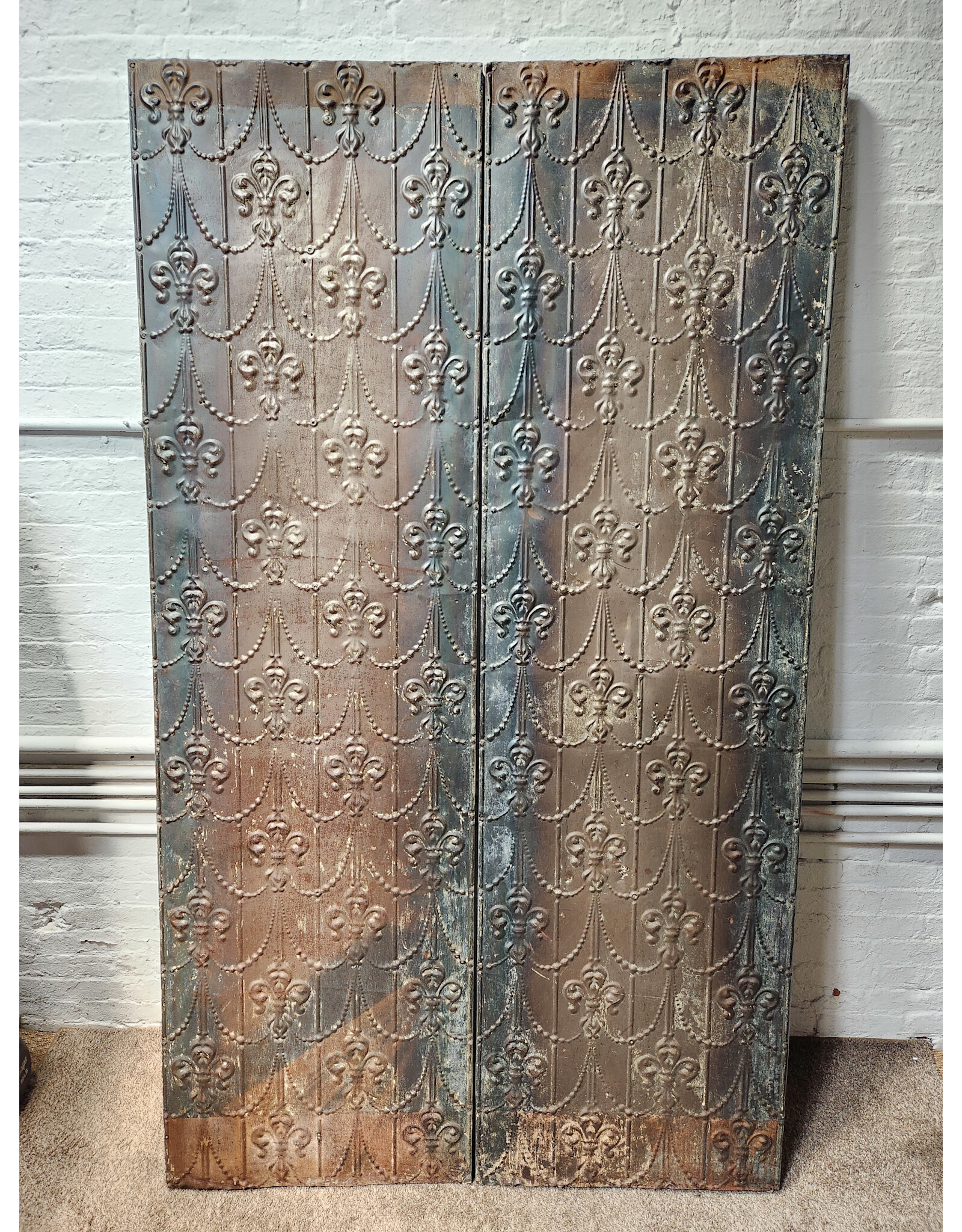 Antique Tin Fleur De Lis Stamped Folding Room Divider