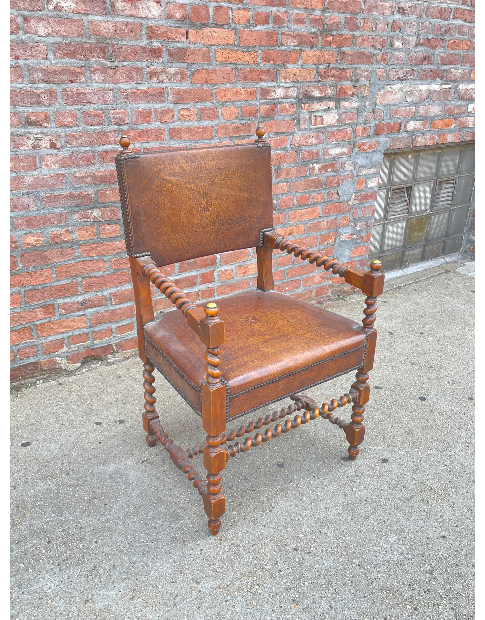 18th/ 19th Century Decorative Armchair with Nailed Brown Leather Armchair
